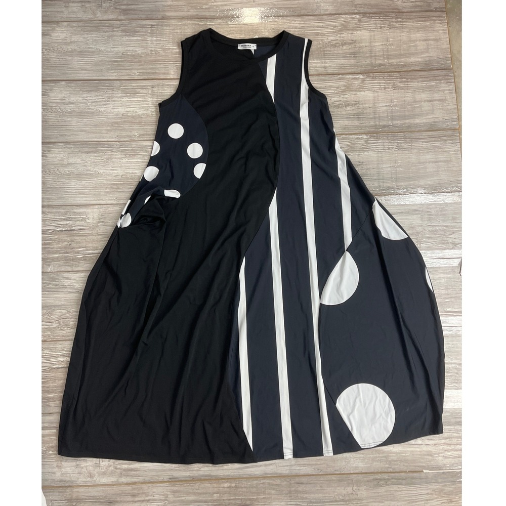 Alembika Tekbika Black White Polka Dot Stripe Sleeveless Maxi Dress Sz 6